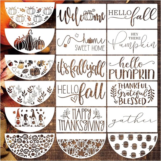 18 Pack Fall Stencils for Painting on Wood – Reusable Thanksgiving & Autumn “Hello Pumpkin / Hello Fall / Welcome” Craft Stencil Set (12” x 5.9”) for Door Mats, Signs, Furniture, Fabric & DIY Home Decor